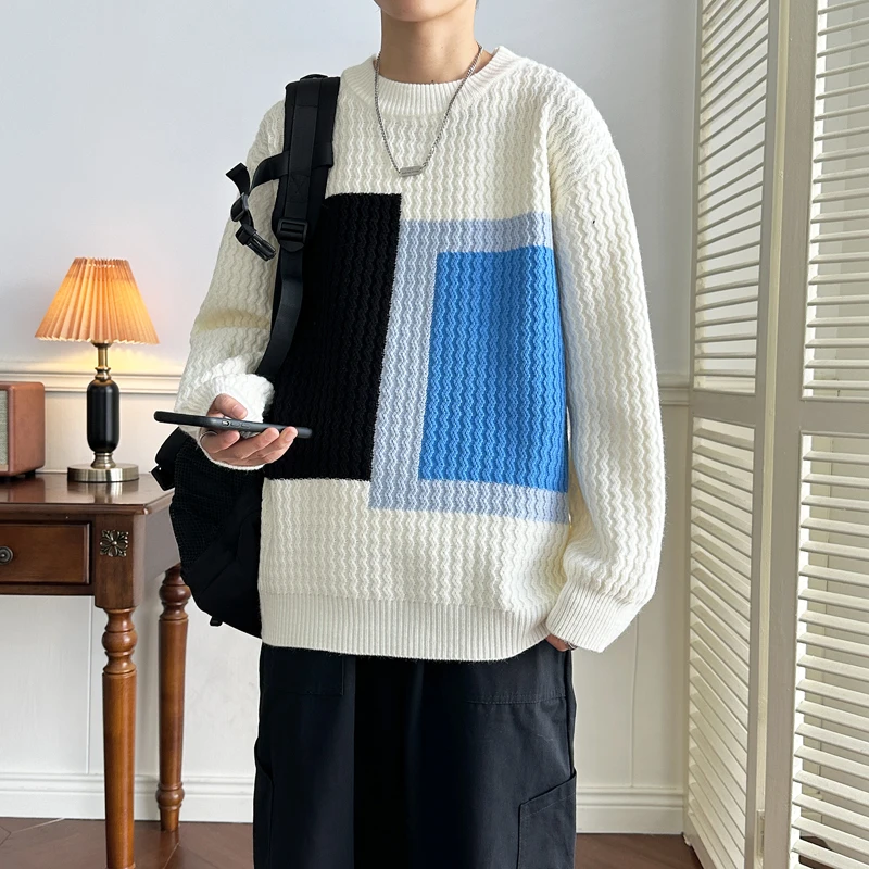 撞色圆领毛衣男士秋冬季潮牌个性慵懒风针织衫拼接休闲打底毛线衣