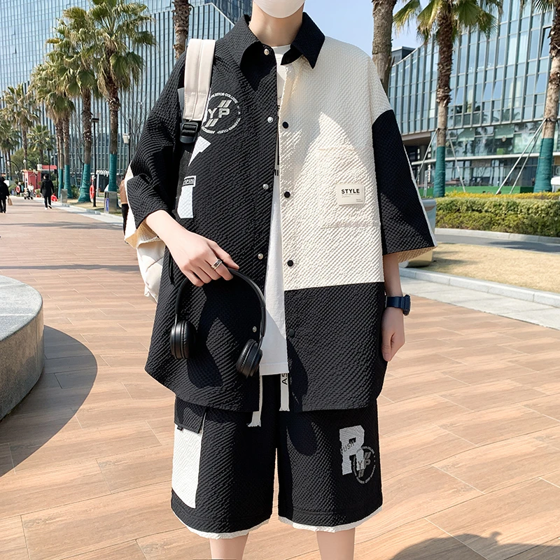 青少年夏季新款时尚男士休闲薄款夏季痞帅宽松潮流帅气韩版套装