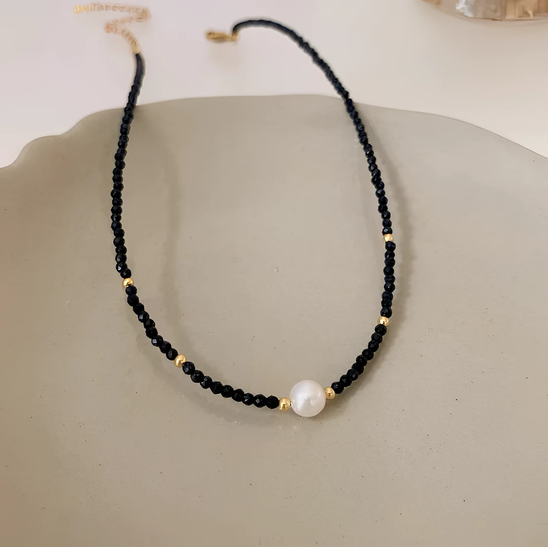 钛钢项链 木木（AQ1088）45厘米 黑色晶晶珠子复古锁骨链细边颈链