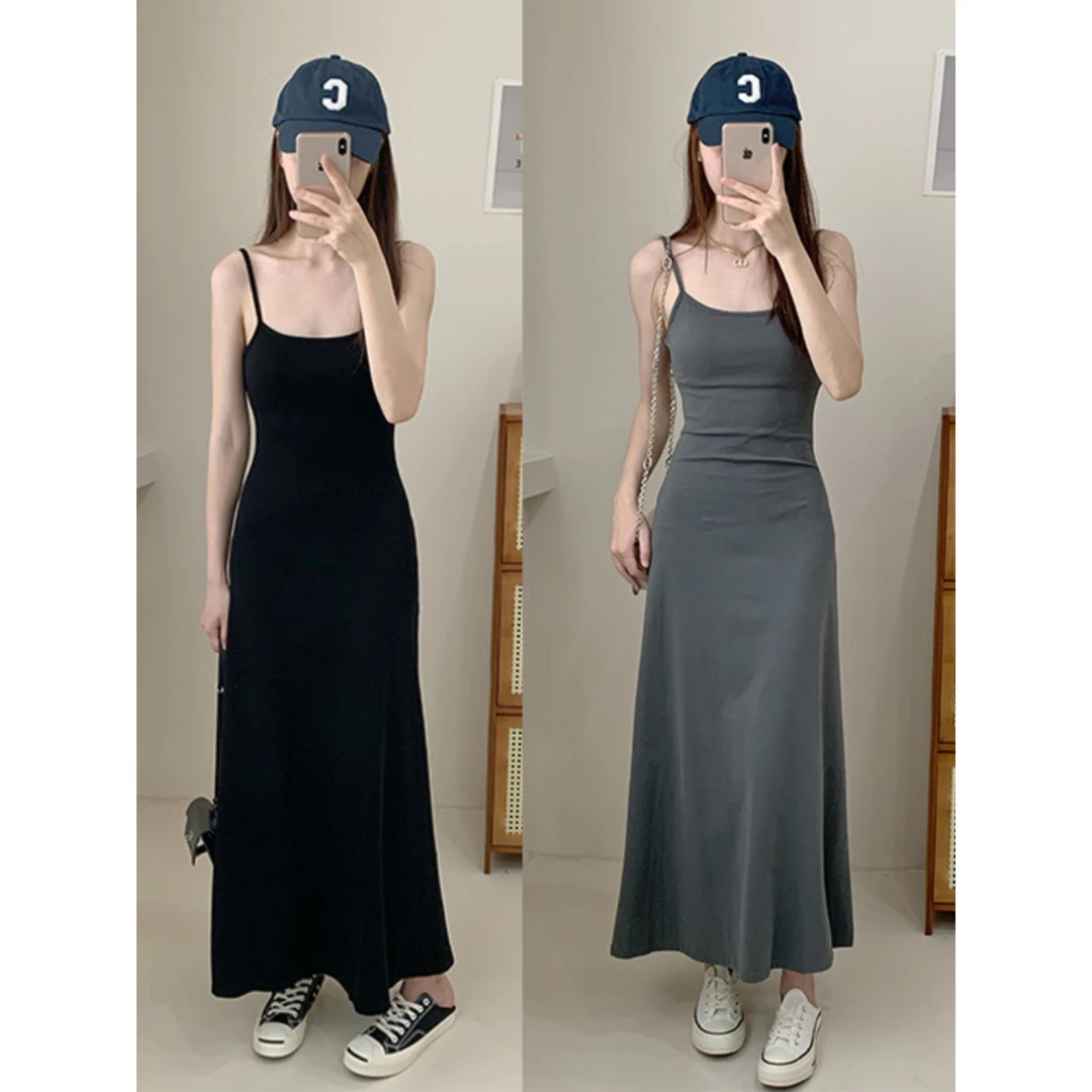 纯欲吊带长裙气质修身A字大摆裙长款背心裙弹力棉无袖连衣裙