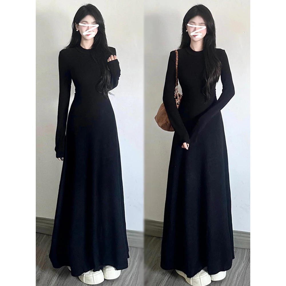 拖地长裙黑色内搭收腰大裙摆打底裙秋冬小黑裙小半高领长袖连衣裙