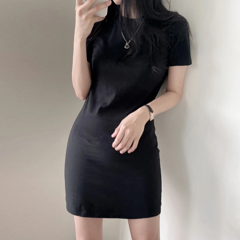 中长款圆领套头舒适宽松打底显瘦连衣裙子纯棉休闲短袖t恤裙女夏