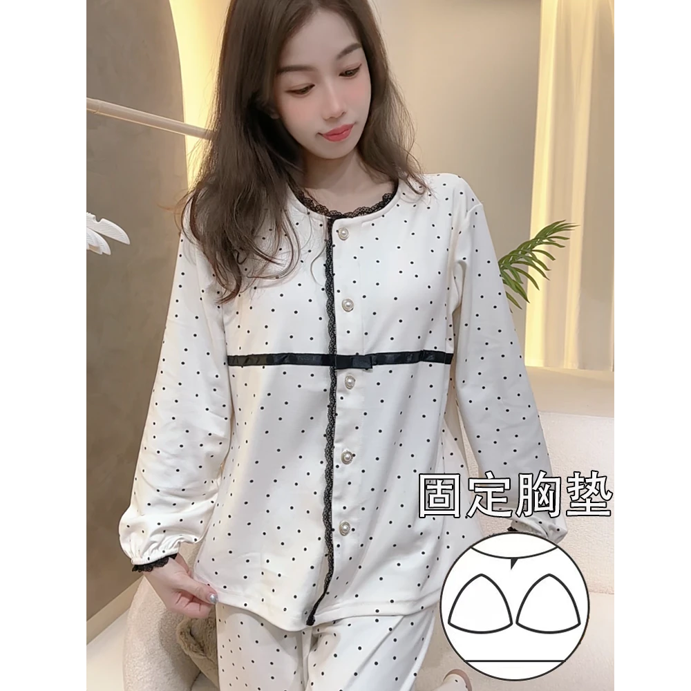 2024新款奶白波点小香风德绒秋冬厚棉时尚轻奢女士家居服套装睡衣