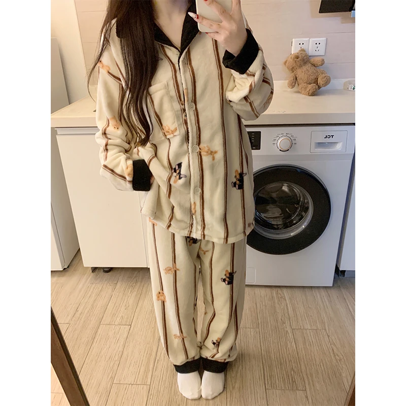 ins韩国冬季新款珊瑚绒睡衣女士条纹长袖加绒加厚保暖家居服套装