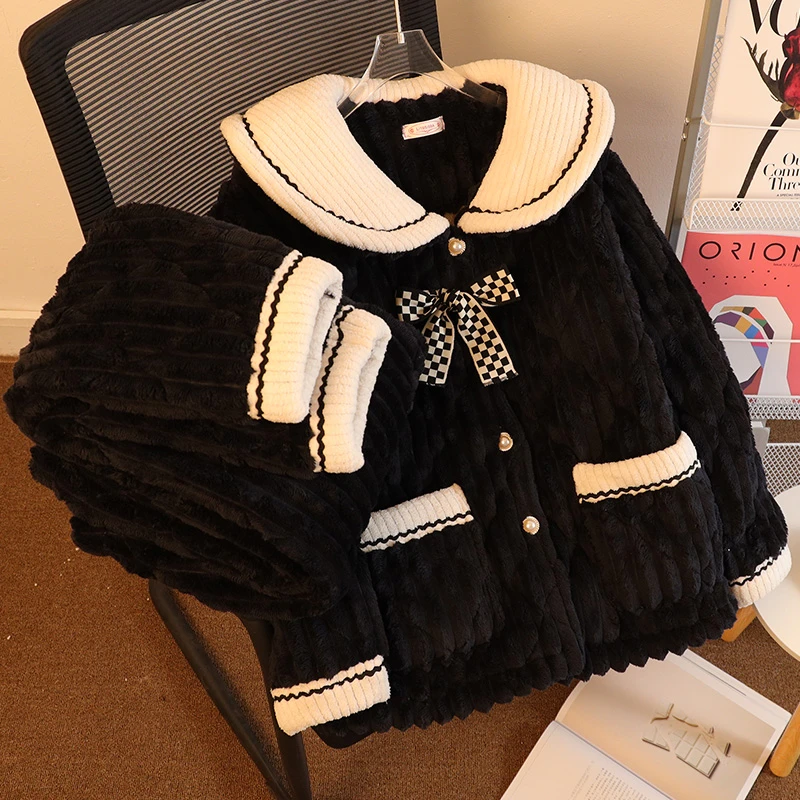 韩国小香风睡衣冬季女加厚三层珊瑚绒夹棉娃娃领加绒保暖家居服