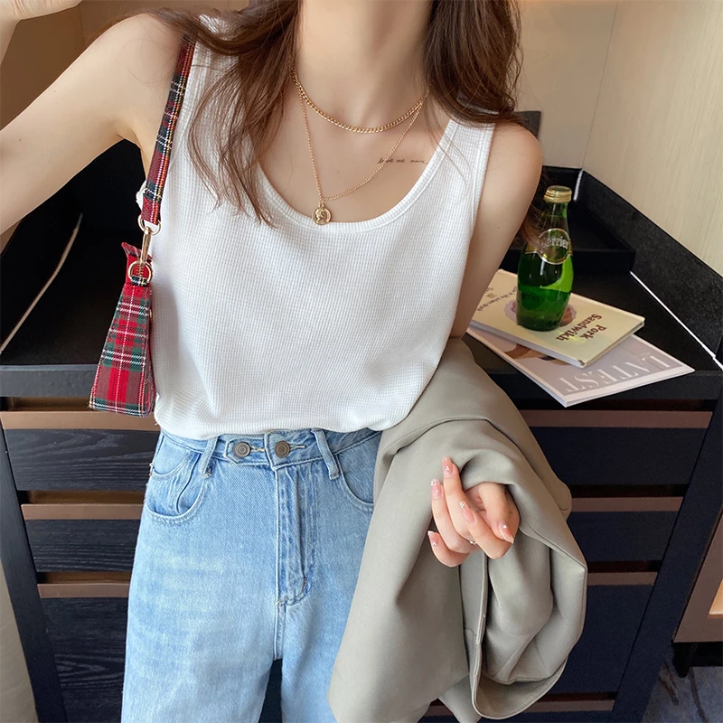 华夫格背心女夏季外穿打底衫遮副乳防走光内搭坎肩无袖宽肩带上衣