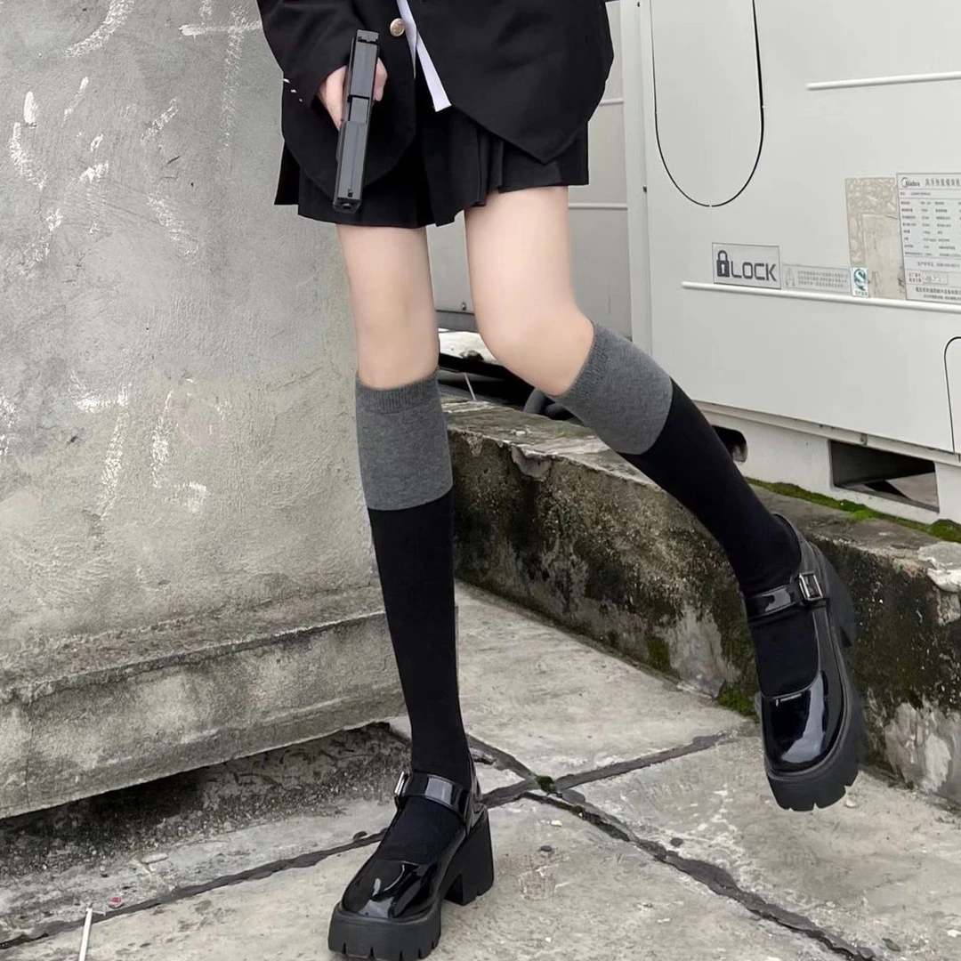 【分段式压力显瘦】塑腿JK小腿袜膝袜长筒袜春秋款黑灰拼接学院风