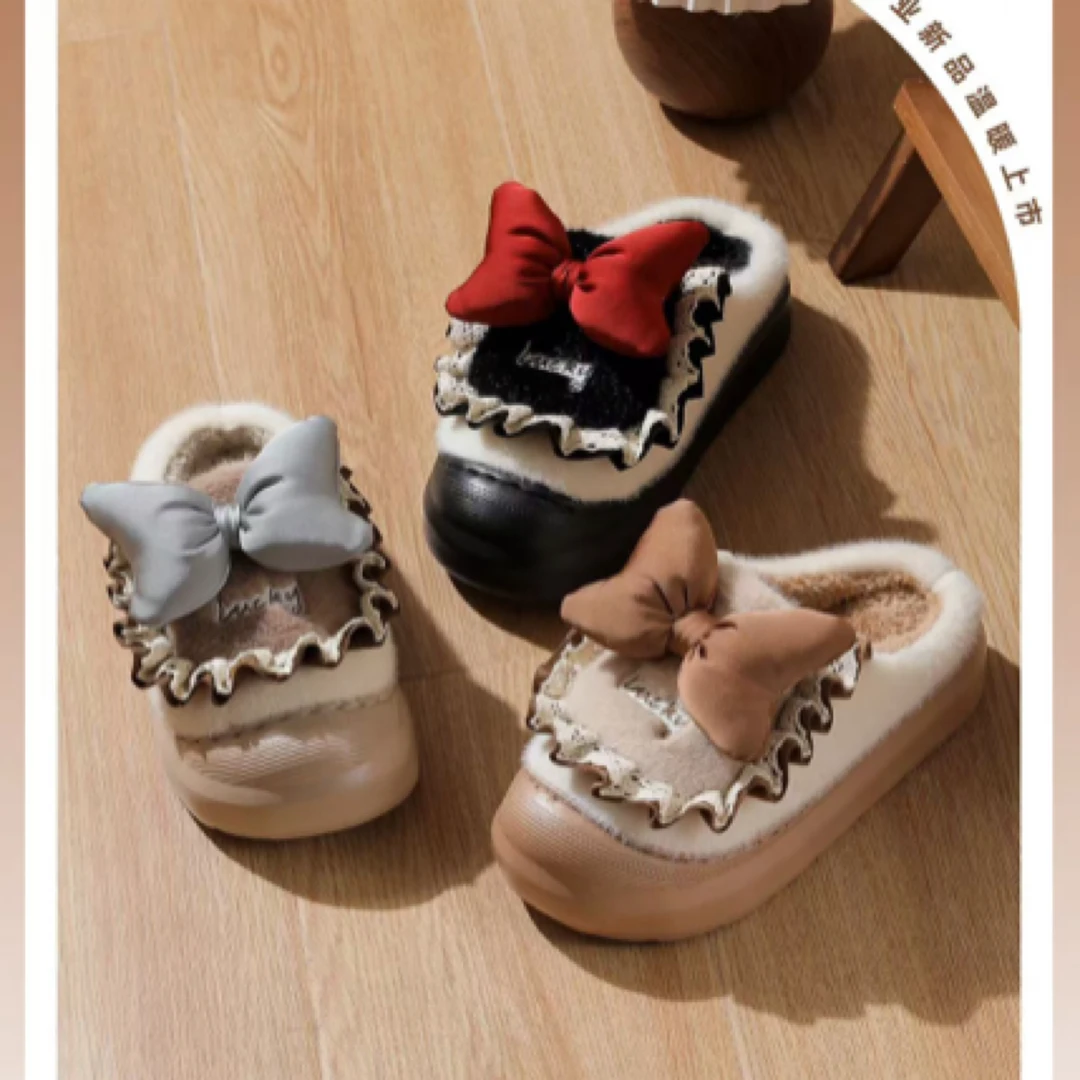 洛丽塔蝴蝶结棉拖鞋女冬季可爱居家厚底保暖加绒拖鞋