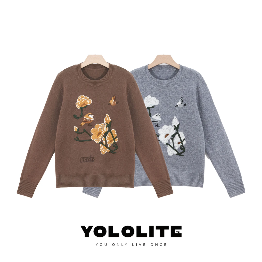 YOLOLITE【燕归巢】2349软糯圆领刺绣花朵小鸟100%绵羊毛针织上衣