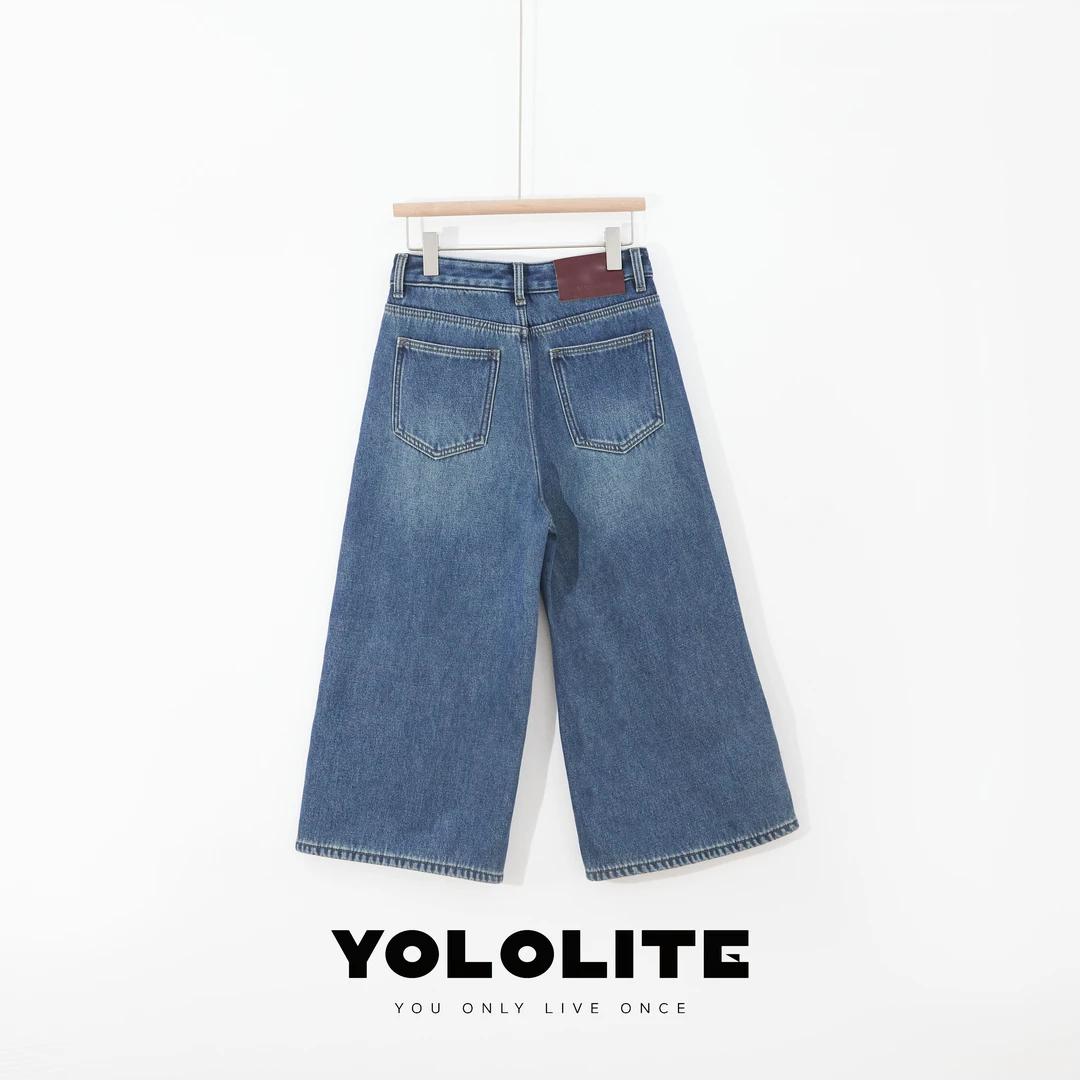 YOLOLITE【随心漫步】2362加绒韩版100%棉阔腿直筒八分裤牛仔裤女