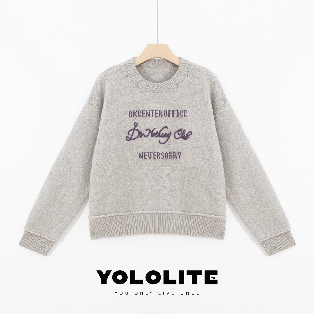 YOLOLITE【紫线毛衣】2316字母刺绣复古圆领毛衣绵羊毛毛织上衣女