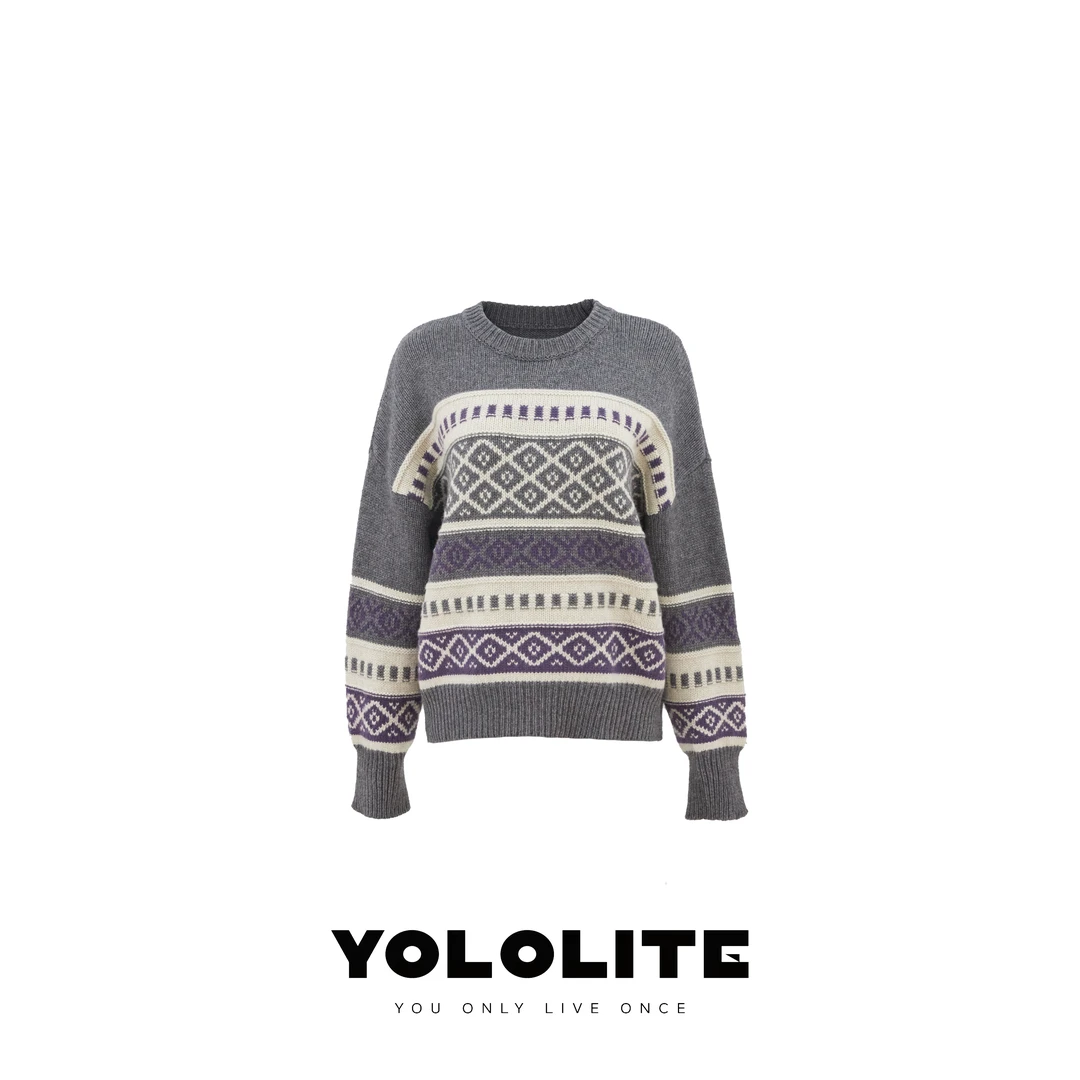 YOLOLITE【格子控】2438费尔岛提花25支2股绵羊毛棱格纹针织上衣