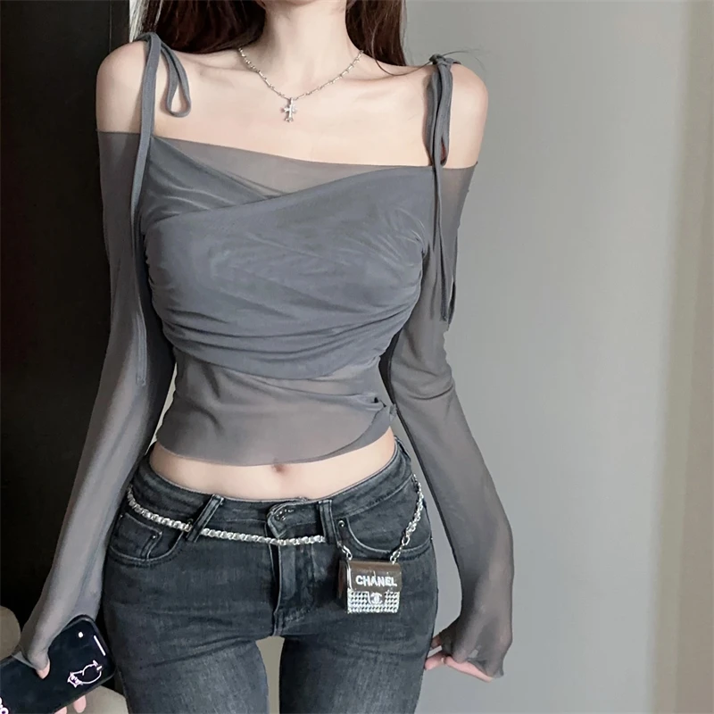 【花间仙子】性感辣妹一字领网纱上衣女秋小众设计感纯欲长袖打底