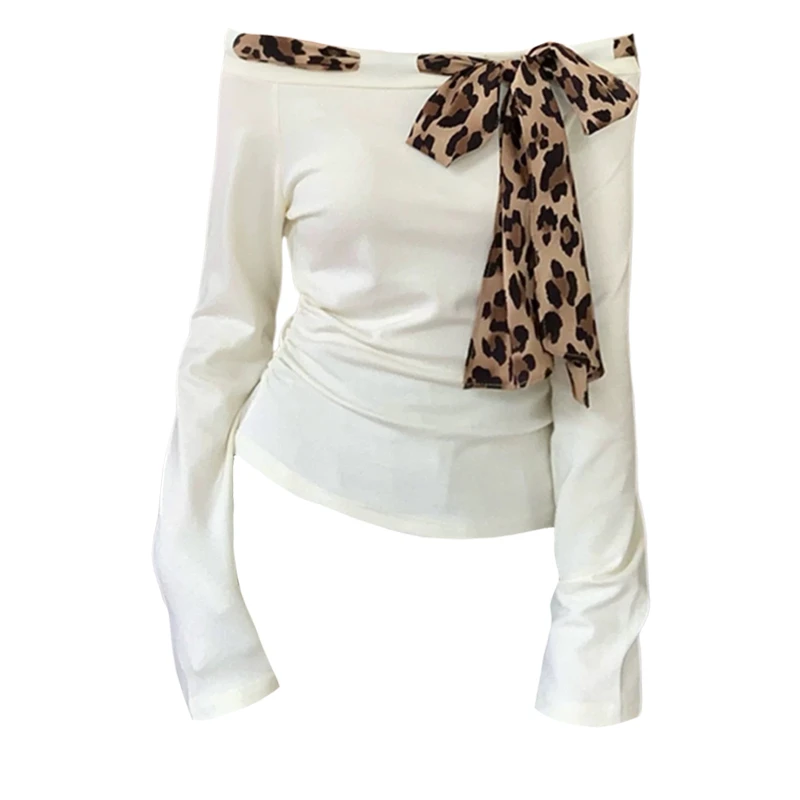 辣妹一字肩蝴蝶结绑带长袖T恤女秋季修身显瘦设计感小众褶皱上衣