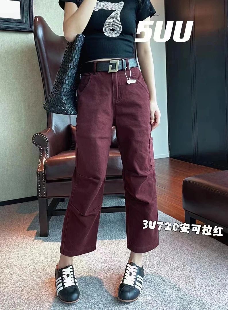 百搭早秋欧货安可拉红牛仔裤时尚小个高腰显瘦弹力水洗宽松休闲裤