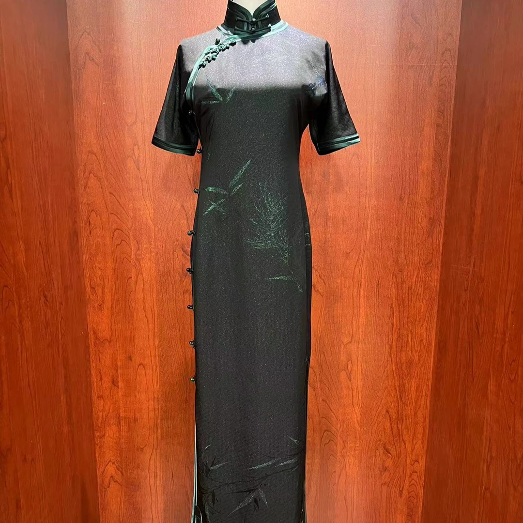 LAOSHECAIFENGPU/老舍裁缝铺QP-24030正绢洒金翠绿竹气质黑色旗袍