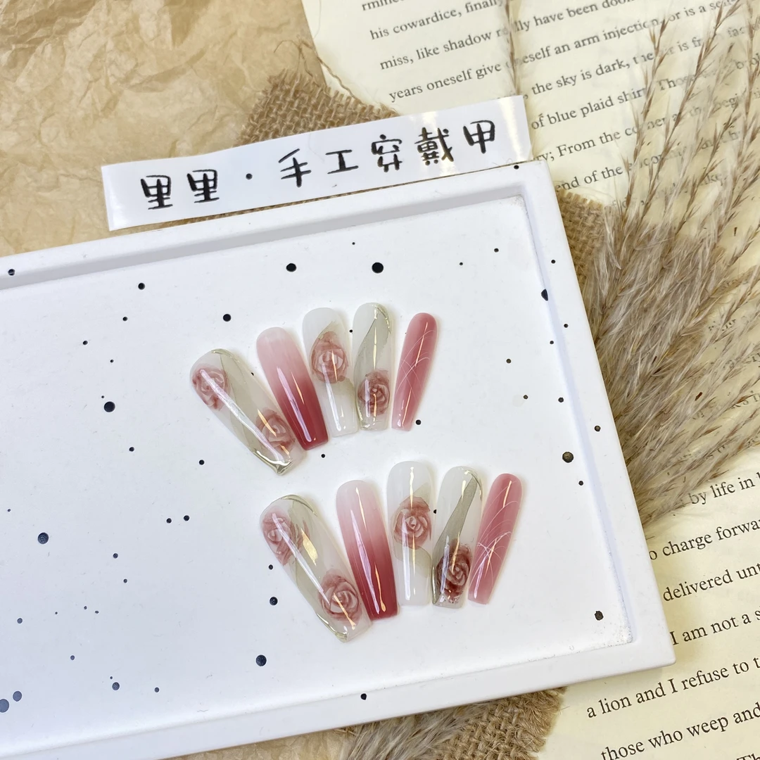 【扶摇】长T重工水彩晕染手绘玫瑰国风手工穿戴甲长甲气质显白纯欲D