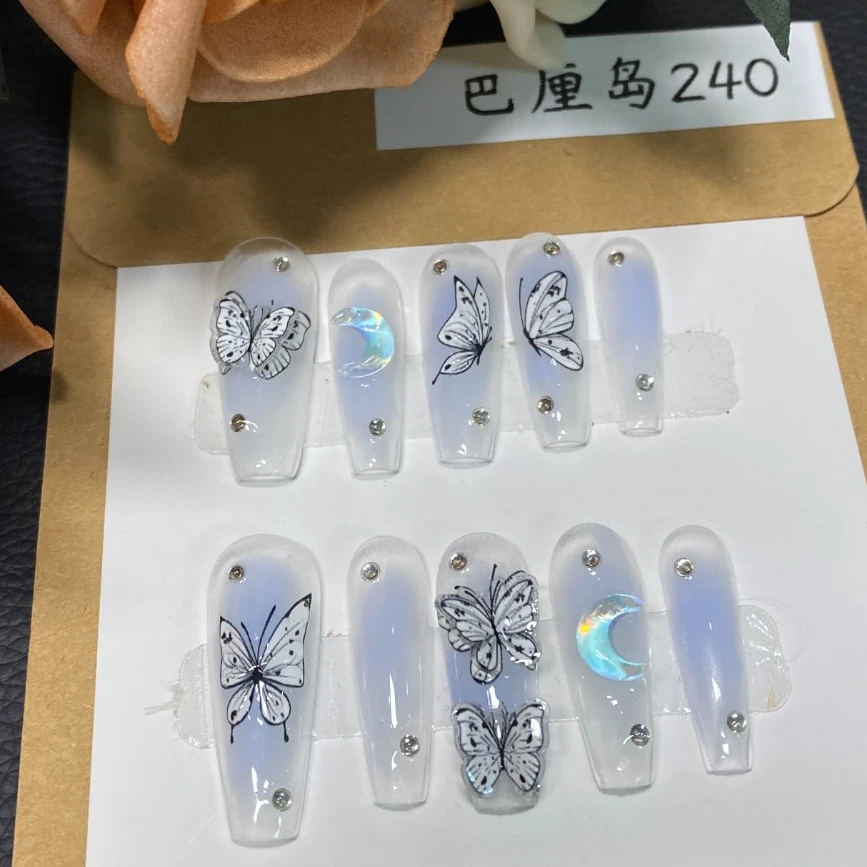 【巴厘岛】长梯纯手工穿戴甲清透腮蓝色调清醒春夏立体灵动小蝴蝶D