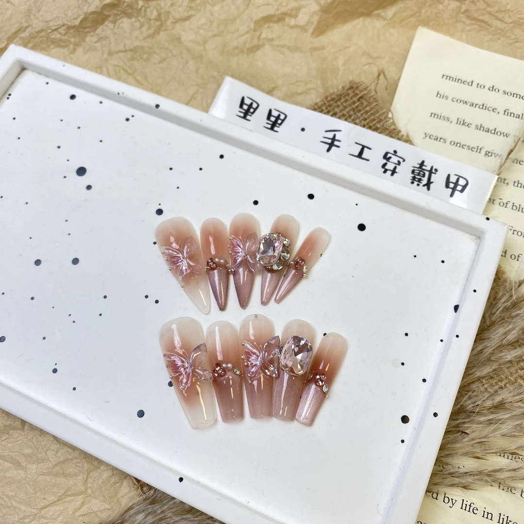 【花仙子】长梯纯手工穿戴甲气质显白美甲立体蝴蝶大钻穿戴甲G