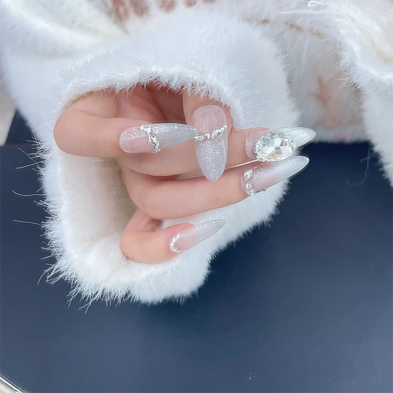 【银月珠光】纯手工穿戴甲欧泊碎钻细闪轻奢透底极光钻指甲贴片D