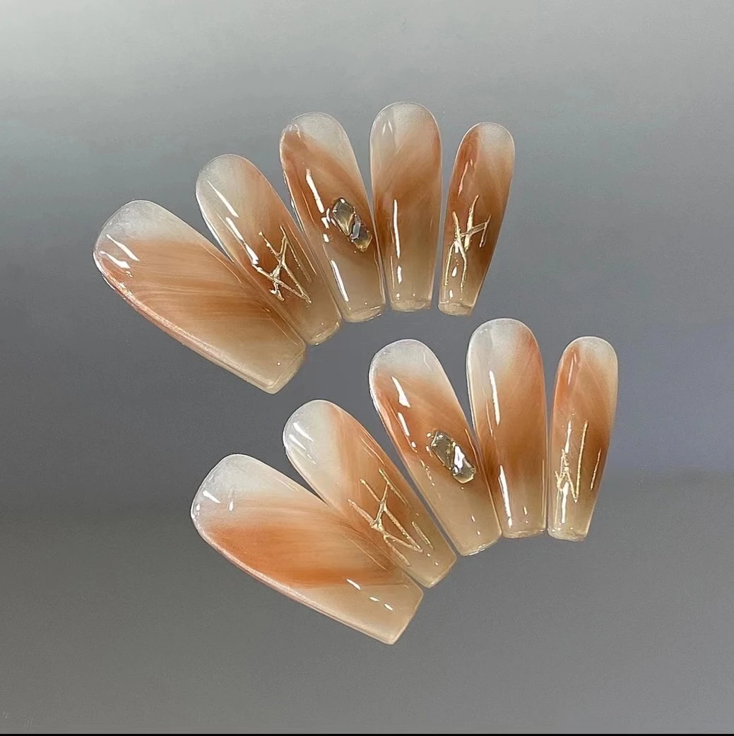 【日落金山】长梯美拉德长款琥珀色显白温柔款穿戴甲小众穿戴甲H