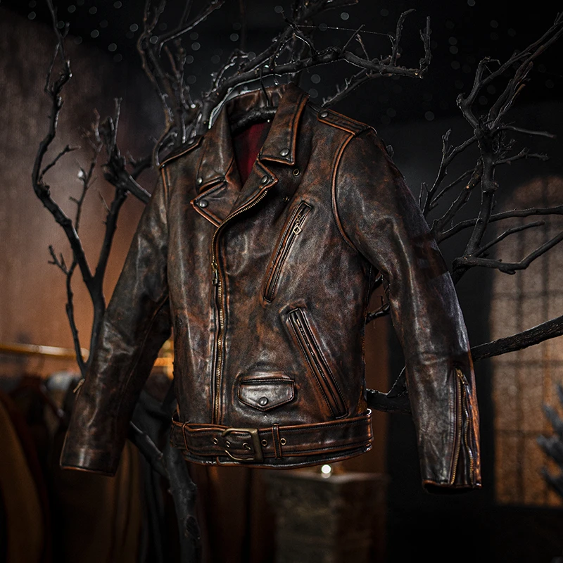 莫臣男士皮衣机车皮夹克 褪色做旧马皮短款西装领男装M2399