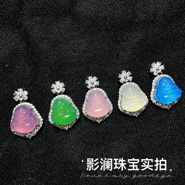 冰透白玉髓小号佛公吊坠镶嵌粉玛瑙女款玉石项链挂件锁骨链