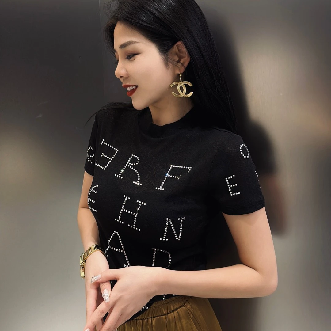 瑞秋-欧货轻奢2023新款重工钻闪网纱透气时尚女装上衣T恤短袖8813