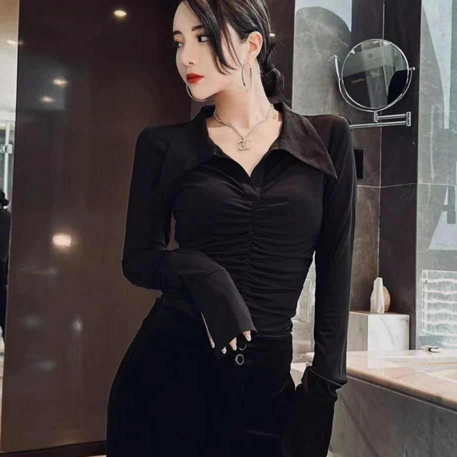 瑞秋-欧货轻奢高档直播间女装设计感收腰褶皱套头长袖小衫8993