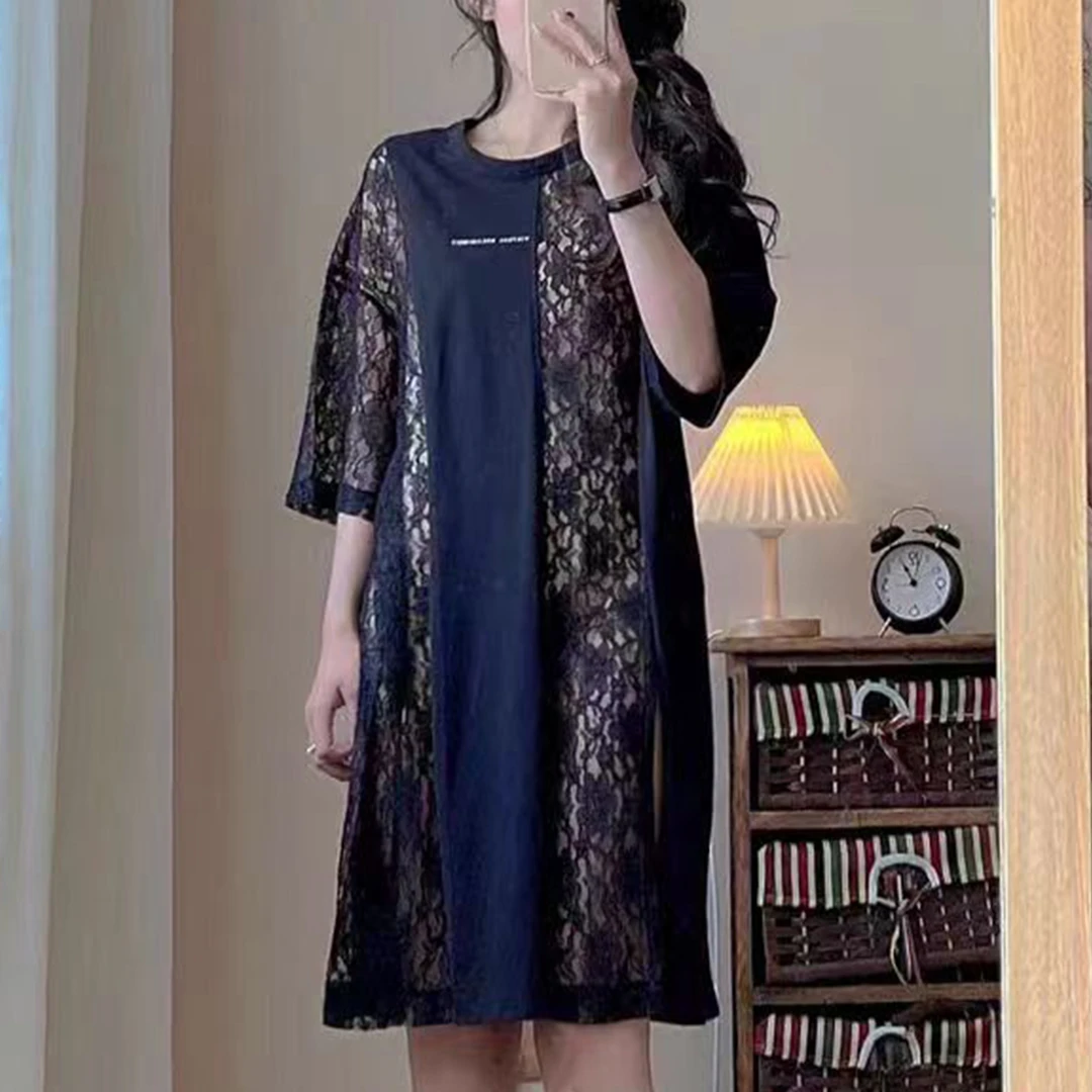 韩系2024蕾丝拼接镂空夏季小众设计感中长款时尚舒适套装1D858