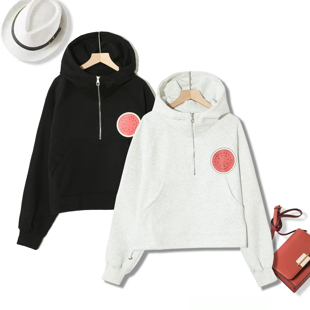 高级感连帽短款加绒经典半拉链保暖春秋女士百搭卫衣韩版P-2G05