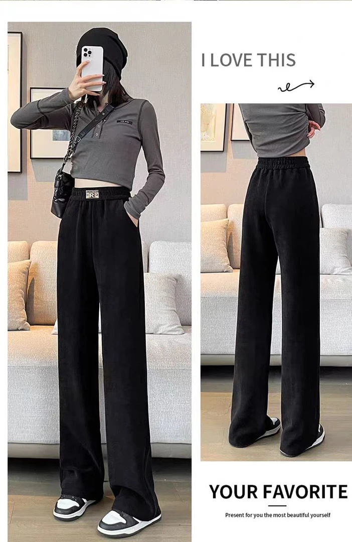 欧棉绒阔腿裤加厚女高腰垂感大码显瘦休闲保暖裤秋冬季加绒裤子女