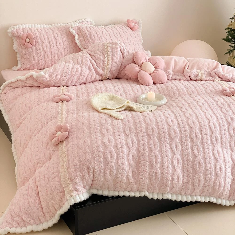 朵兰家纺-少女心冬季舒棉绒四件套粉色立体花朵牛奶绒雕花床品