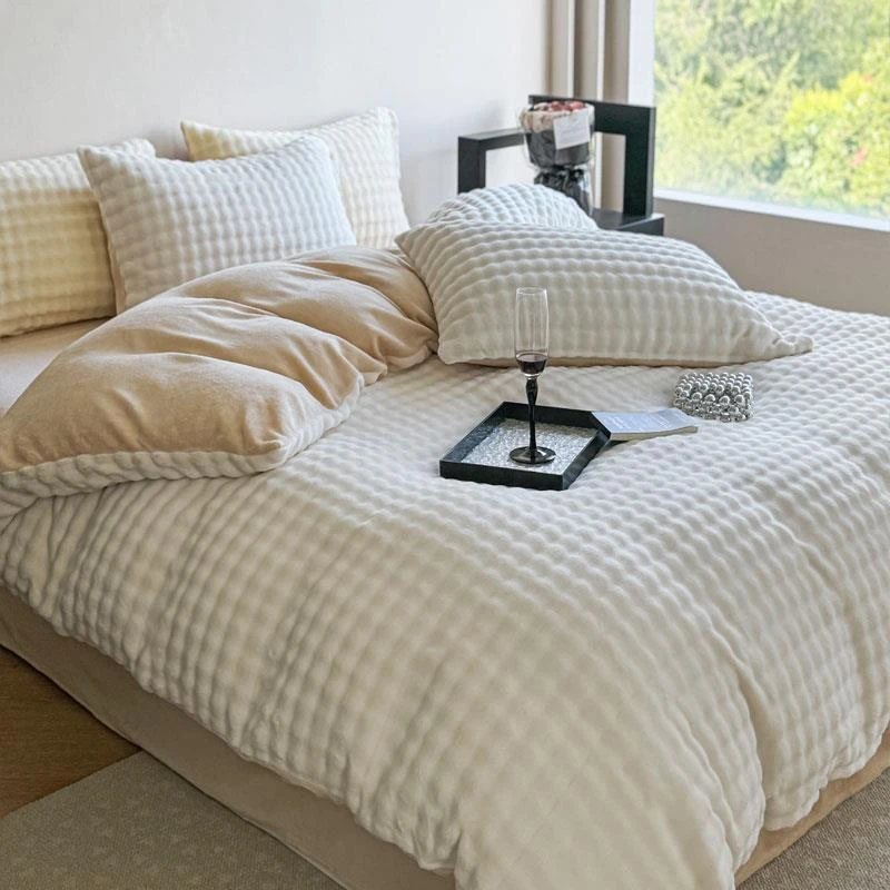 朵兰家纺-纯色冬季加厚牛奶绒四件套 小清新被套床上用品