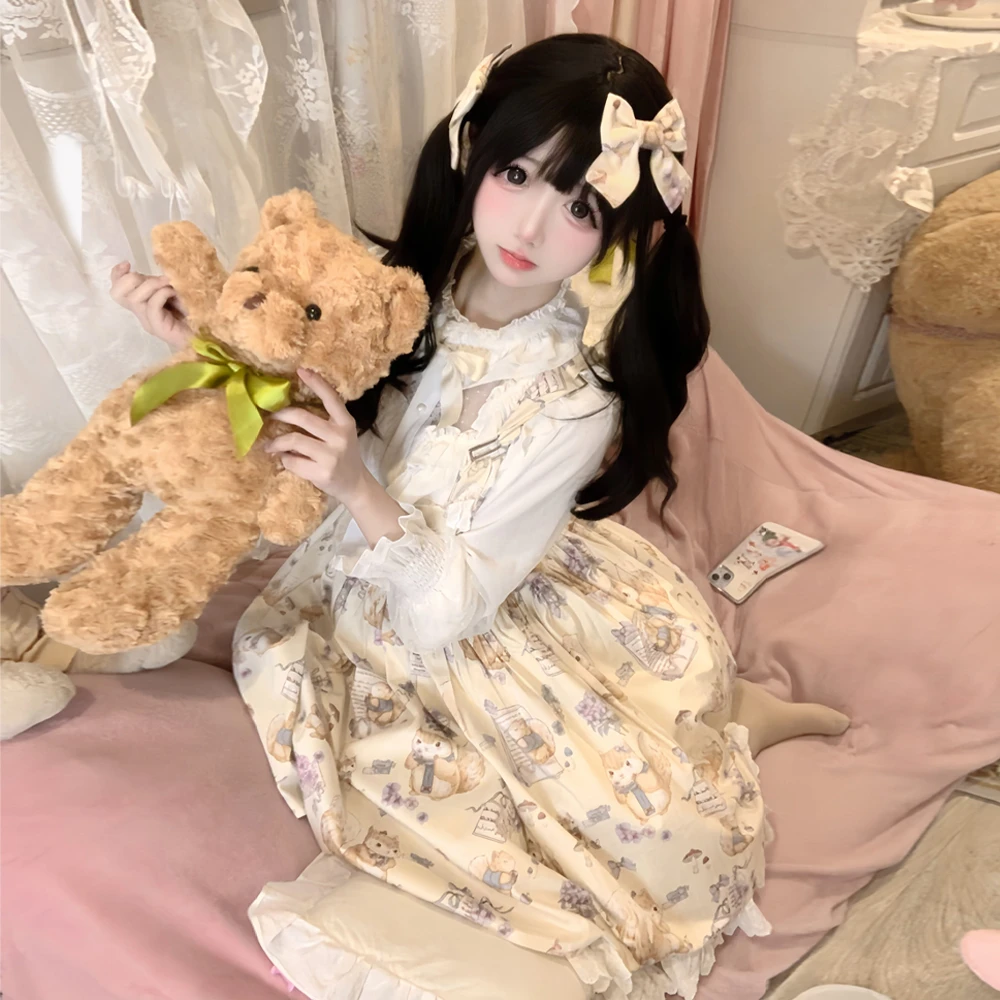 兔甜甜少女原创铃兰小兔背带裙百搭lolita可爱小清新印花正洋装
