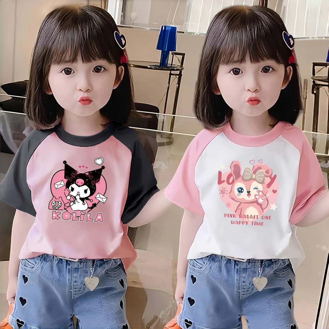 女童短袖纯棉儿童t恤夏季小女孩可爱卡通印花洋气宝宝插肩袖上衣T