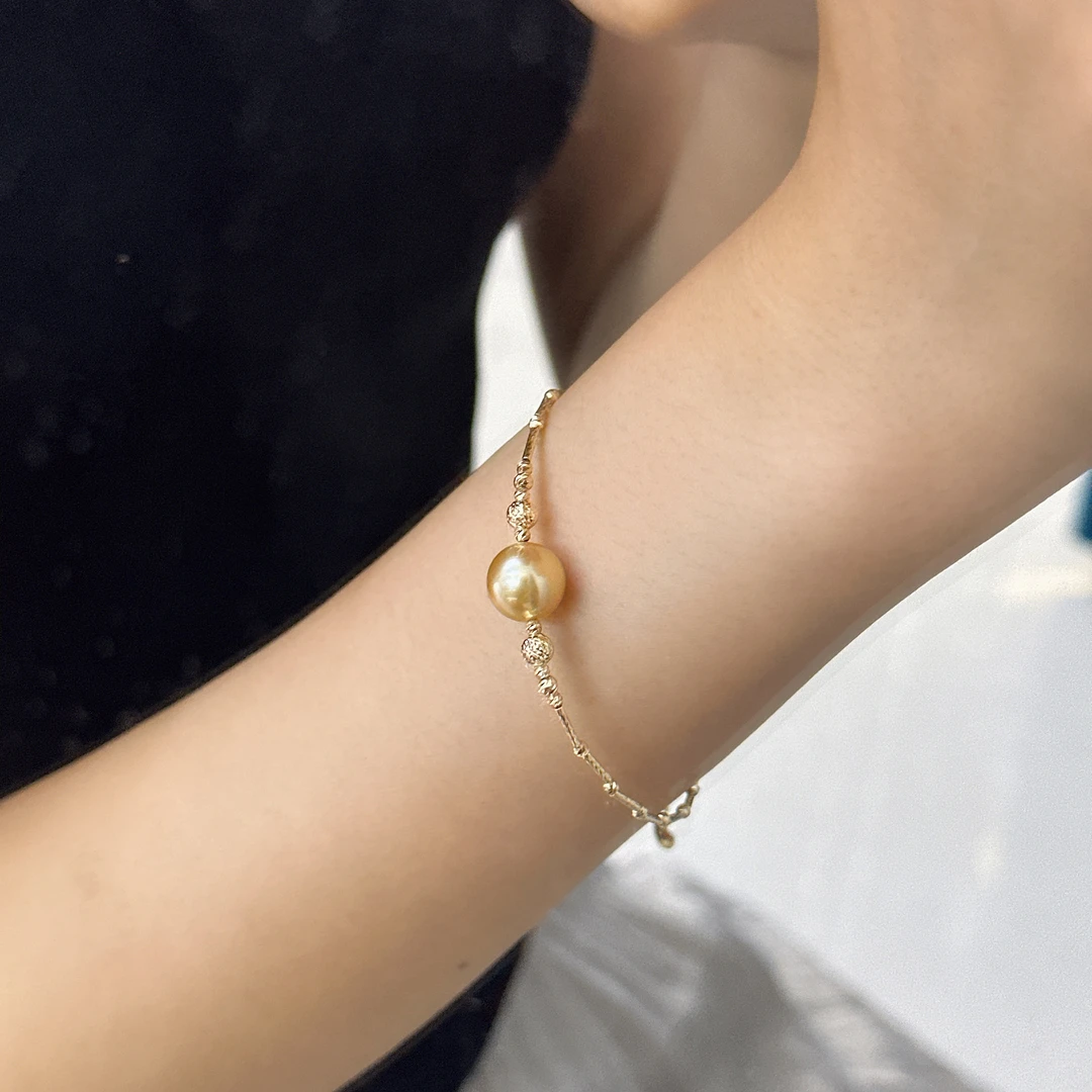 【鱼先生】圣诞高品质镜面光18k金 浓金天然迷你海水珍珠手链手镯