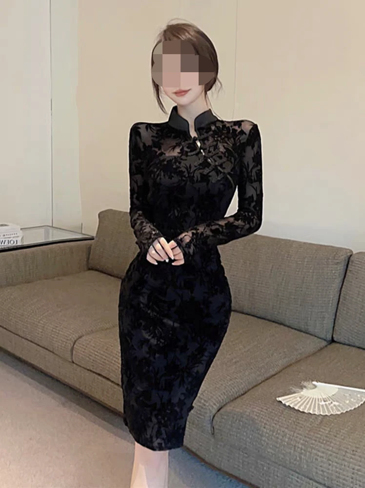 大码性感包臀收腰旗袍开叉暗黑系改良版复古连衣裙长4479