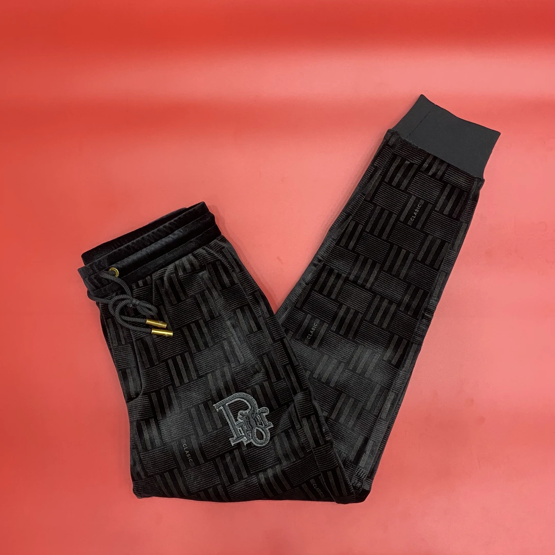 023冬款男士休闲裤金丝方条刺绣加绒加厚百搭松紧束脚长裤