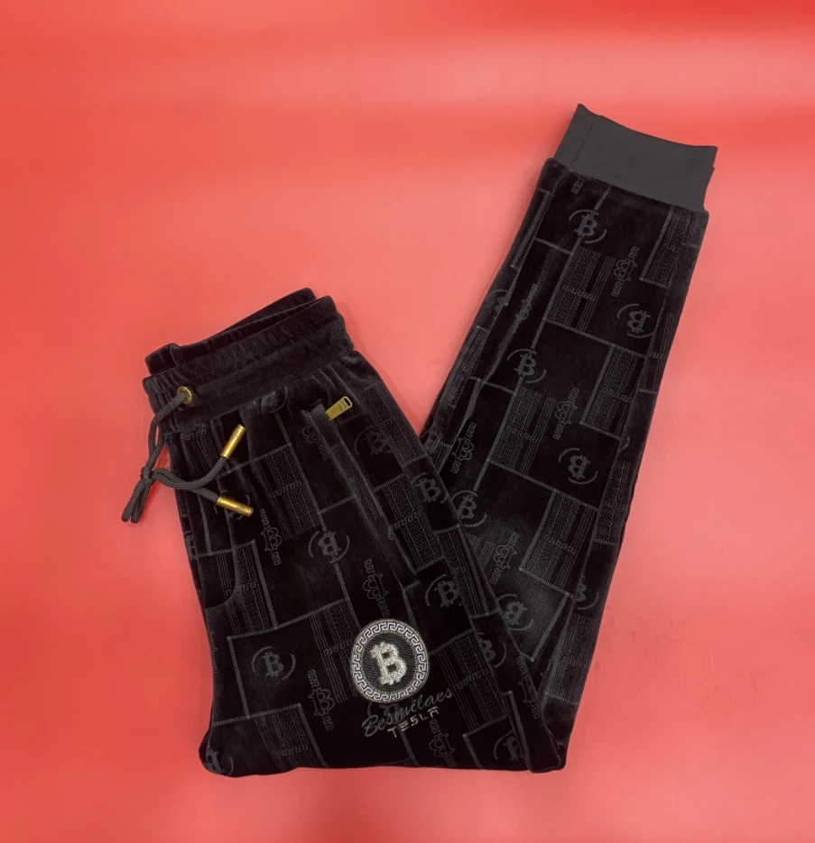 028冬款男士休闲裤金丝字母刺绣加绒加厚保暖百搭松紧束脚长裤