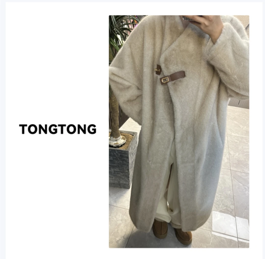 TONGTONG “气质女神”韩版双色毛尖长款秋冬毛毛外套