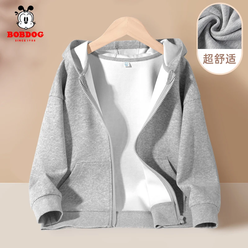 巴布豆儿童外套春秋女大童灰色连帽开衫女孩休闲上衣洋气女童秋装