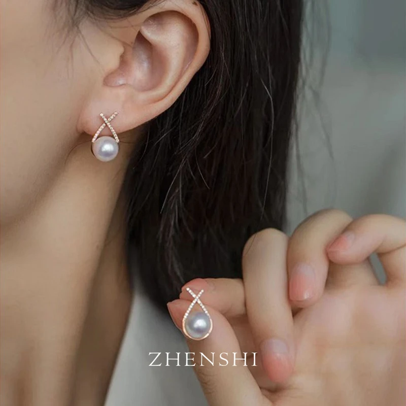 珍氏珠宝 天然淡水珍珠耳钉女   轻奢复古交叉环扣耳环耳饰（冰岛）