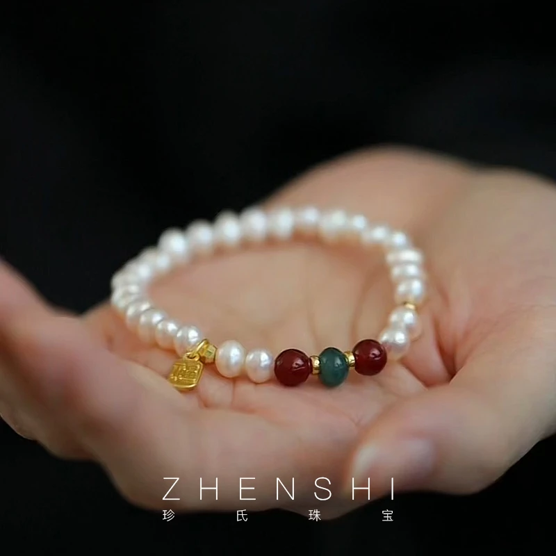 珍氏珠宝 天然淡水珍珠手链女 S925银新中式翡翠玛瑙手串（金拂云）