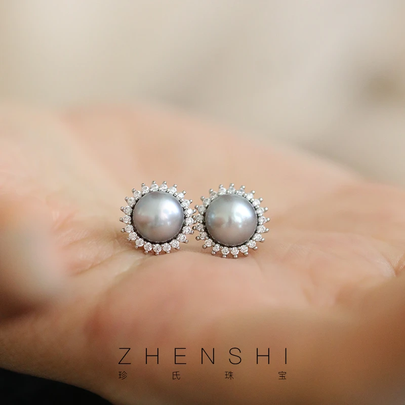 珍氏珠宝 小众灰色淡水珍珠耳钉女 S925银耳环真多麻平替 (青寻)