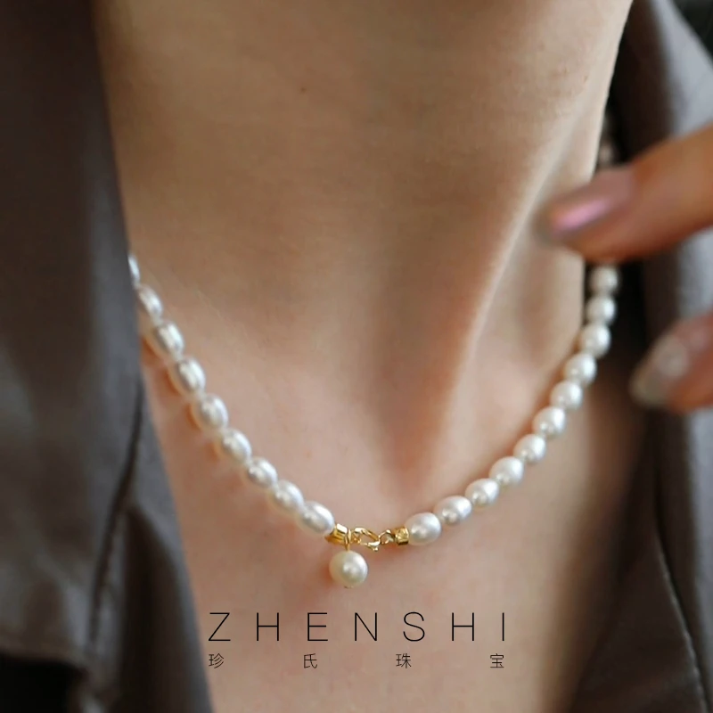 珍氏珠宝 天然淡水米形珍珠项链 S925银优雅锁骨链女(小米粒三代)