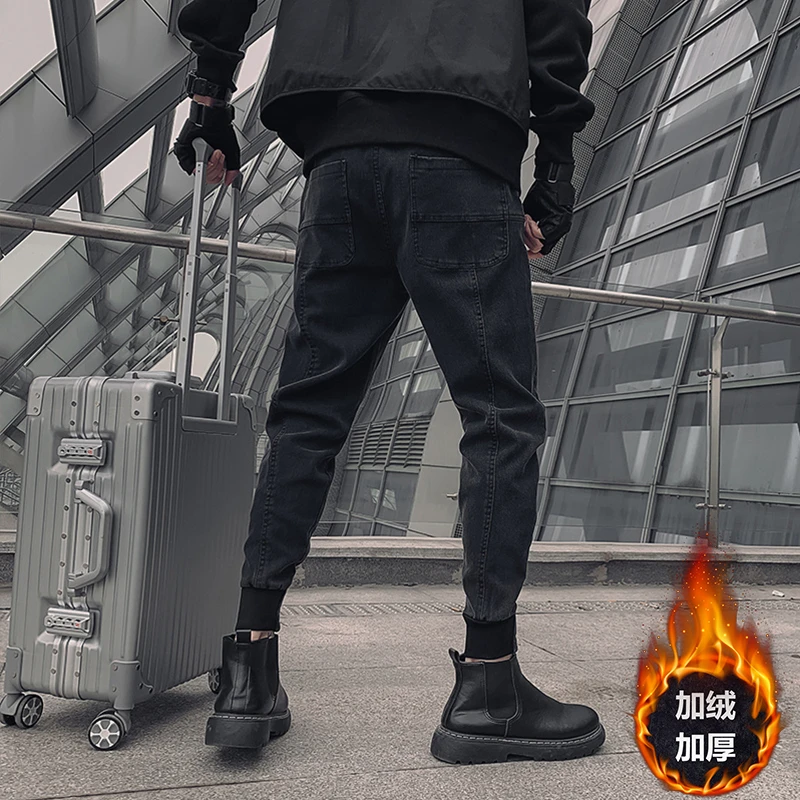 牛仔裤男新款秋冬季时尚潮流百搭束脚裤潮牌冬季修身加绒长裤子男