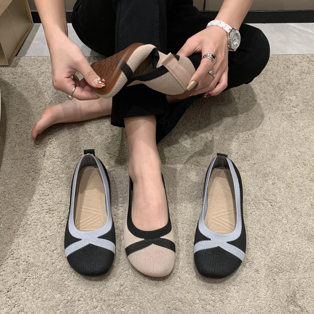 意迪森春秋新款豆豆鞋女针织透气小香风平底百搭女士休闲浅口大码