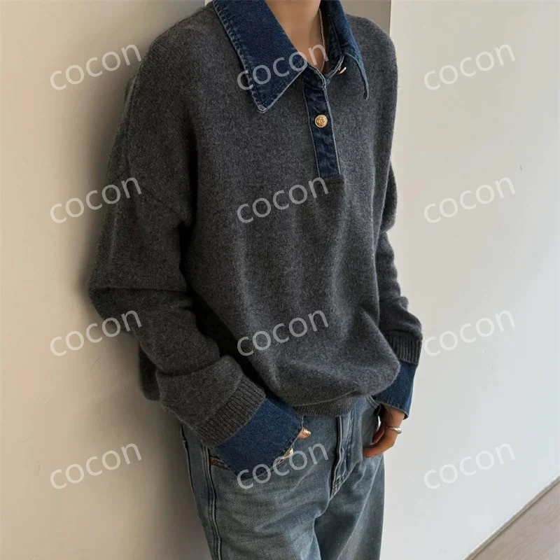 COCON-【心动电台】100%羊毛百搭长袖宽松翻领秋冬设计感休闲羊毛衫