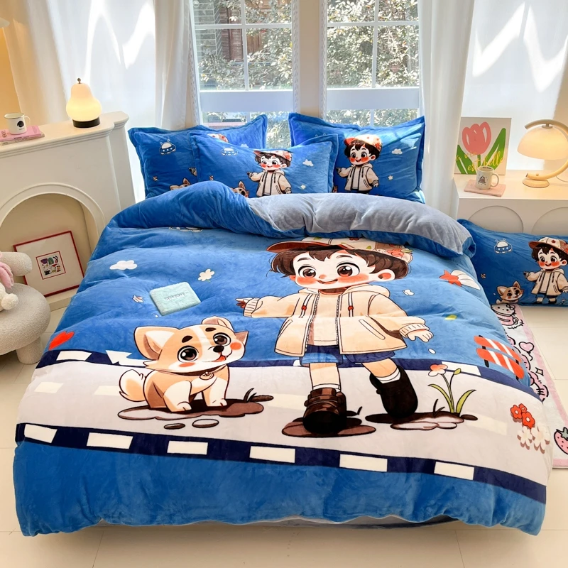 冬季加厚加绒大版卡通牛奶绒印花四件套三件套宿舍套件